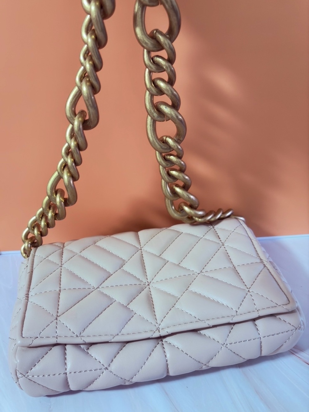 Quilted Shoulder Bag with Gold Chain - Beige